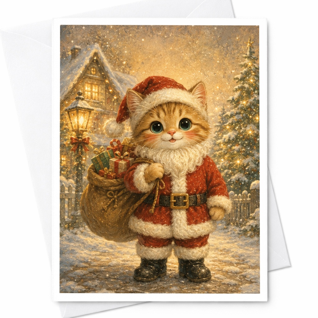Christmas Cat Greeting Card Cute Santa Kitten Holiday Card For Cat Lover Festive Winter Scene Adorable Animal Christmas Card C4833
