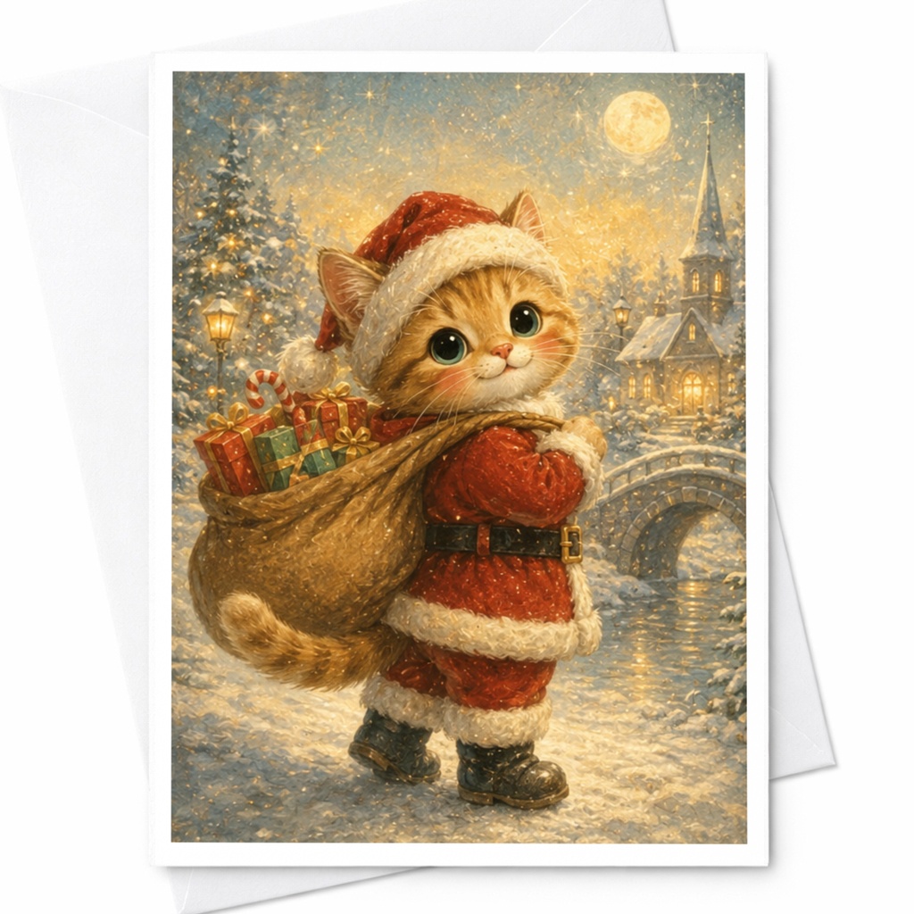 Christmas Cat Greeting Card Cute Santa Kitten Holiday Card For Cat Lover Festive Winter Scene Adorable Animal Christmas Card C4834
