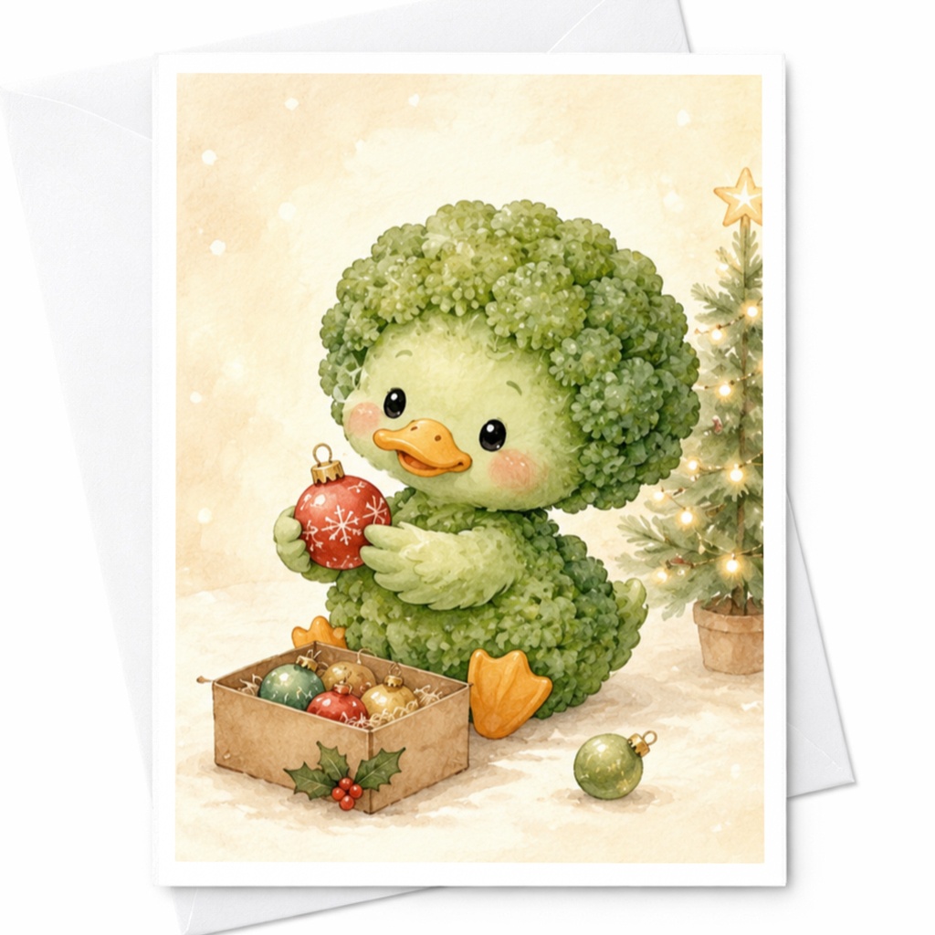 Cute Broccoli Duck Christmas Greeting Card Adorable Holiday Card For Kids Kawaii Animal Lover Festive Season's Greetings C4832