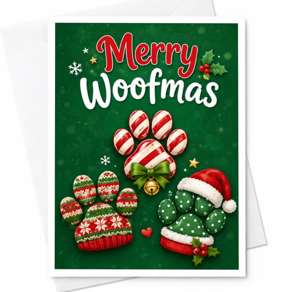 Merry Woofmas Christmas Card Dog Lover Holiday Greeting Card Cute Paw Print Santa Hat Snowflakes Festive Card C4838