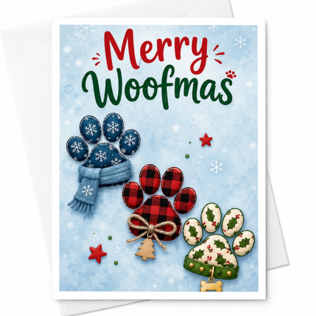 Merry Woofmas Christmas Card Dog Lover Holiday Greeting Card Cute Paw Print Festive Santa Hat Snowflake Card C4839