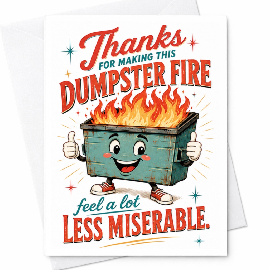 Thanks For Making This Dumpster Fire Feel A Lot Less Miserable Funny Thank You Card Appreciation Card For Friend Coworker C4851