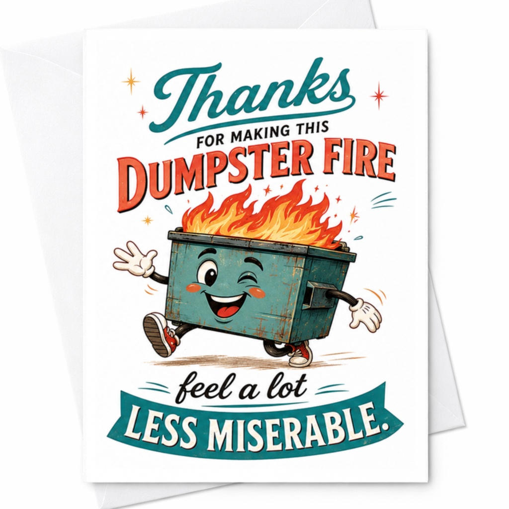 Thanks For Making This Dumpster Fire Feel A Lot Less Miserable Funny Thank You Card Appreciation Greeting Card C4852