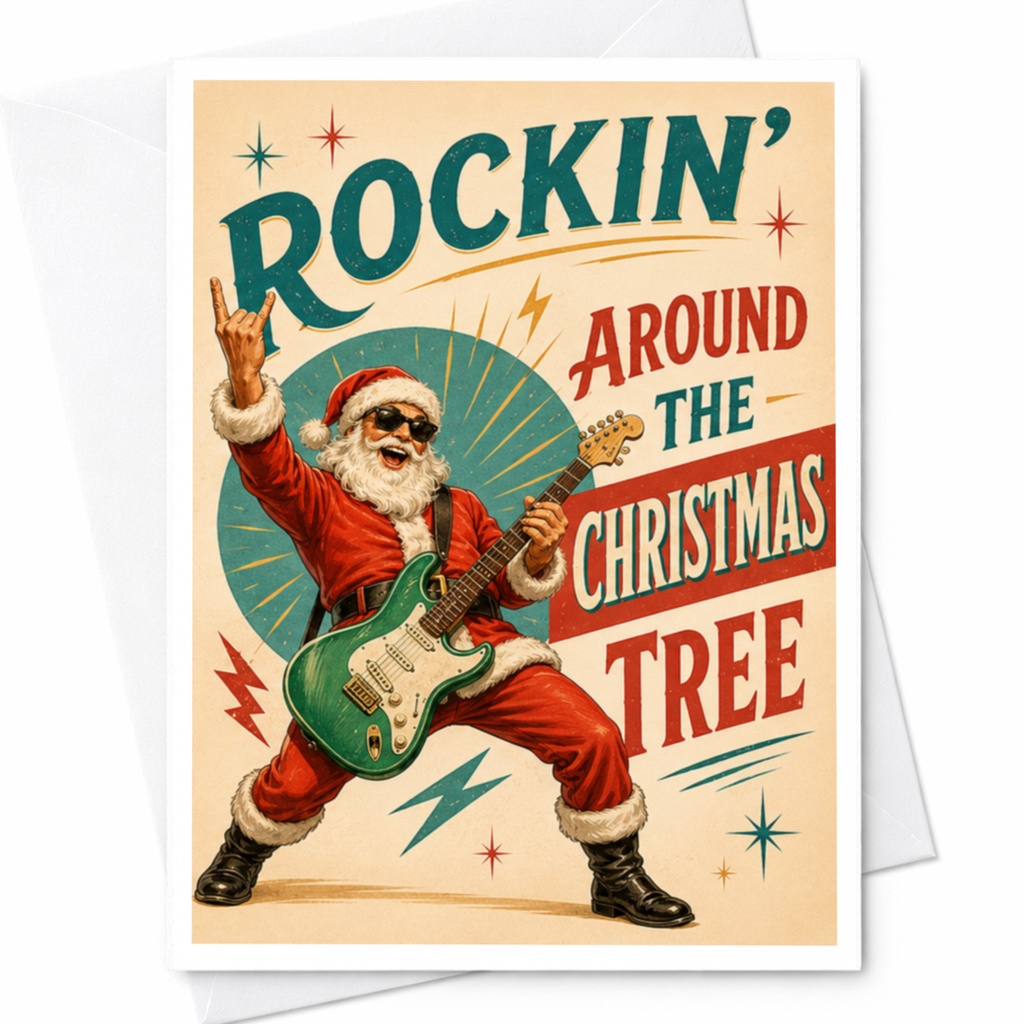 Rockin' Around The Christmas Tree Santa Playing Guitar Christmas Card Funny Holiday Card For Music Lovers Retro Style C4854