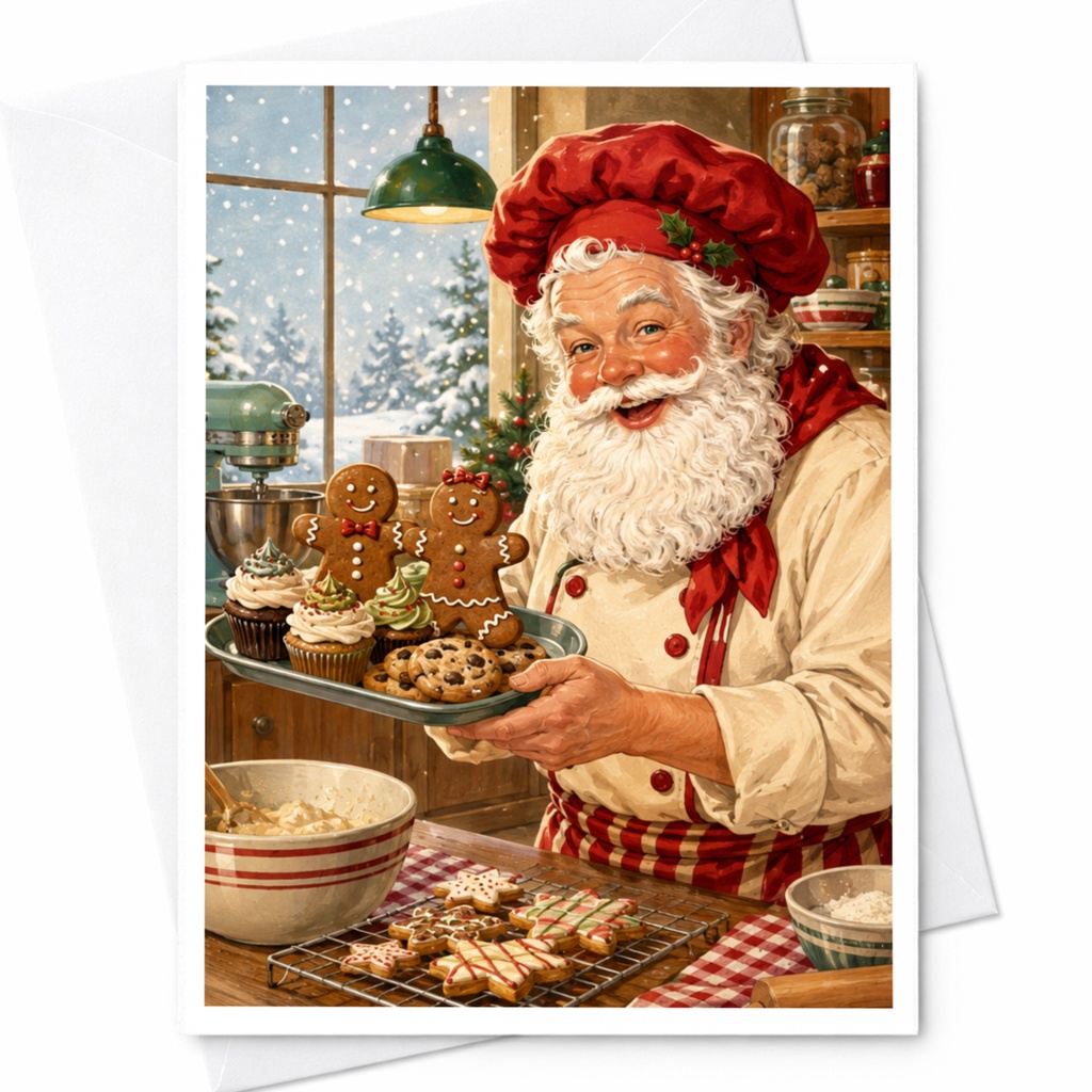 Santa Baking Cookies Christmas Card Festive Holiday Greeting Card For Family Cute Santa Claus Kitchen Scene Winter C4862