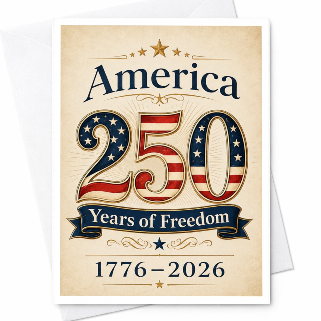 America 250 Years Of Freedom 1776–2026 Patriotic Anniversary Greeting Card Usa Celebration Independence Day Card C4842