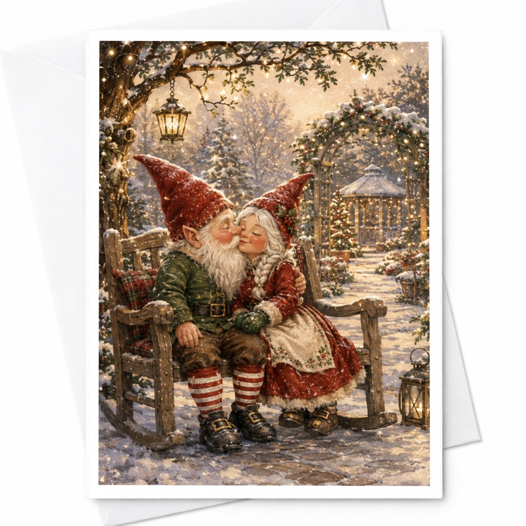 Gnome Christmas Card Cute Winter Scene Greeting Card Holiday Card For Couple Romantic Christmas Card Whimsical Festive C4868