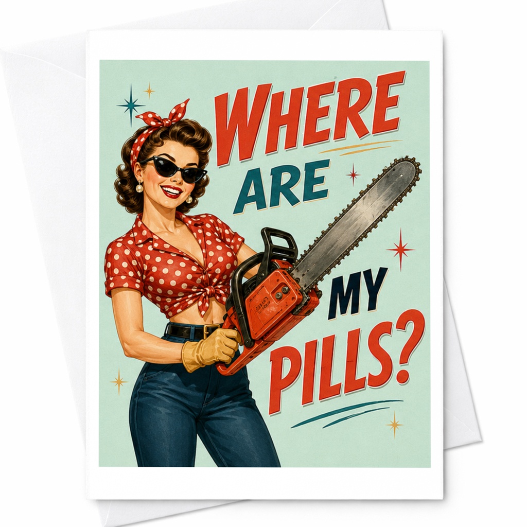 Where Are My Pills? Funny Greeting Card Retro Card For Her Vintage Style Birthday Card Cute Women’s Card C4845