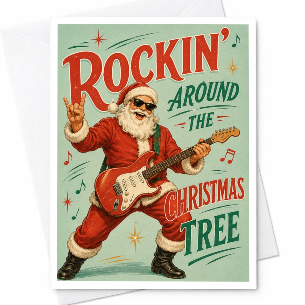 Rockin' Around The Christmas Tree Santa Christmas Card Funny Holiday Greeting Card For Music Lovers Festive Xmas Card C4853