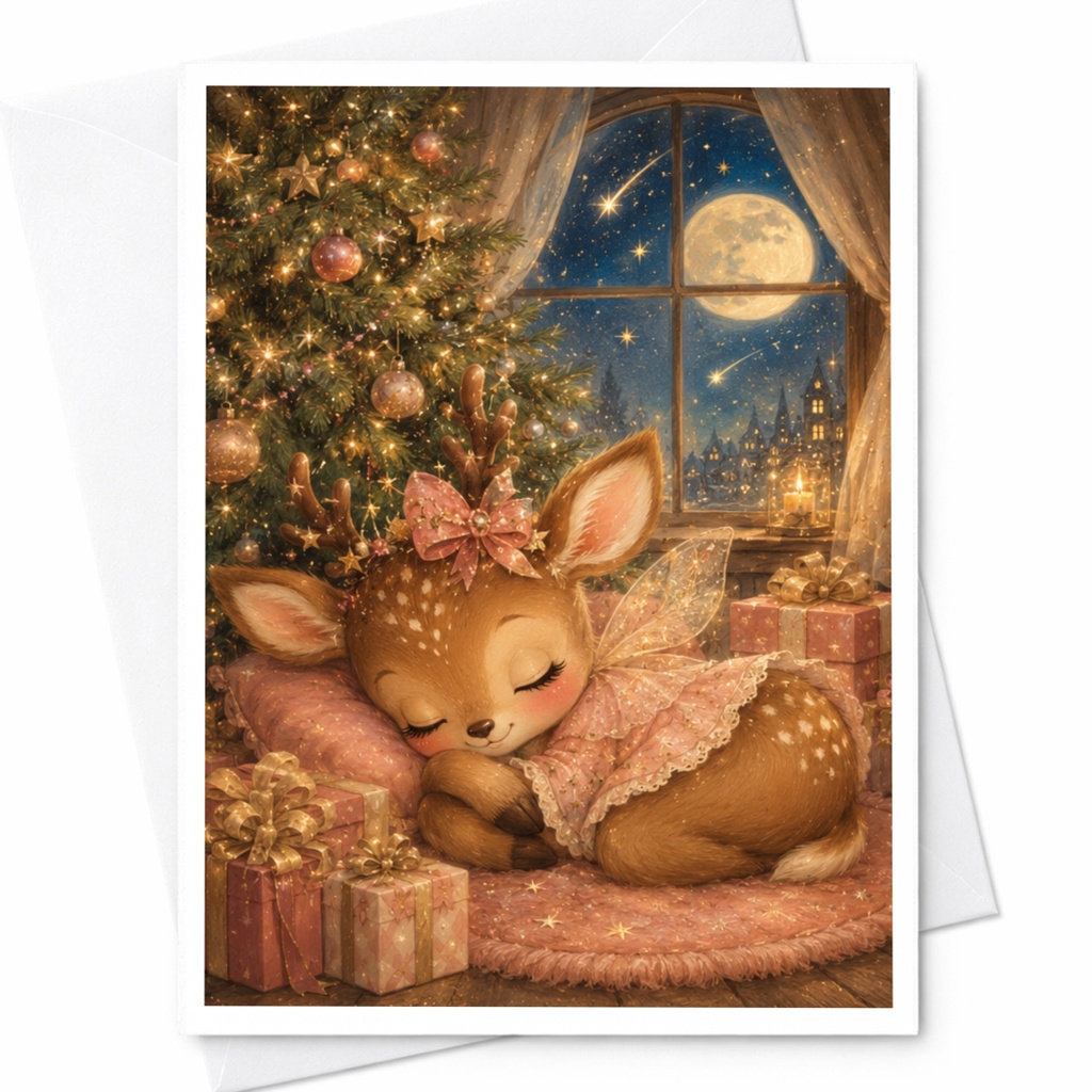 Cute Sleeping Deer Christmas Card Adorable Holiday Greeting Card For Kids Animal Lover Festive Winter Scene C4857