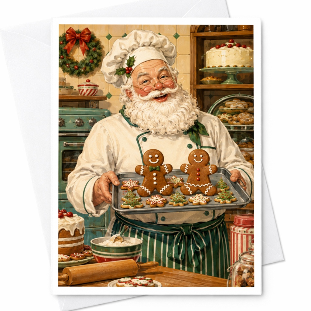 Santa Baking Cookies Christmas Greeting Card Festive Holiday Card For Family Cute Santa Claus Kitchen Scene Xmas Card C4861