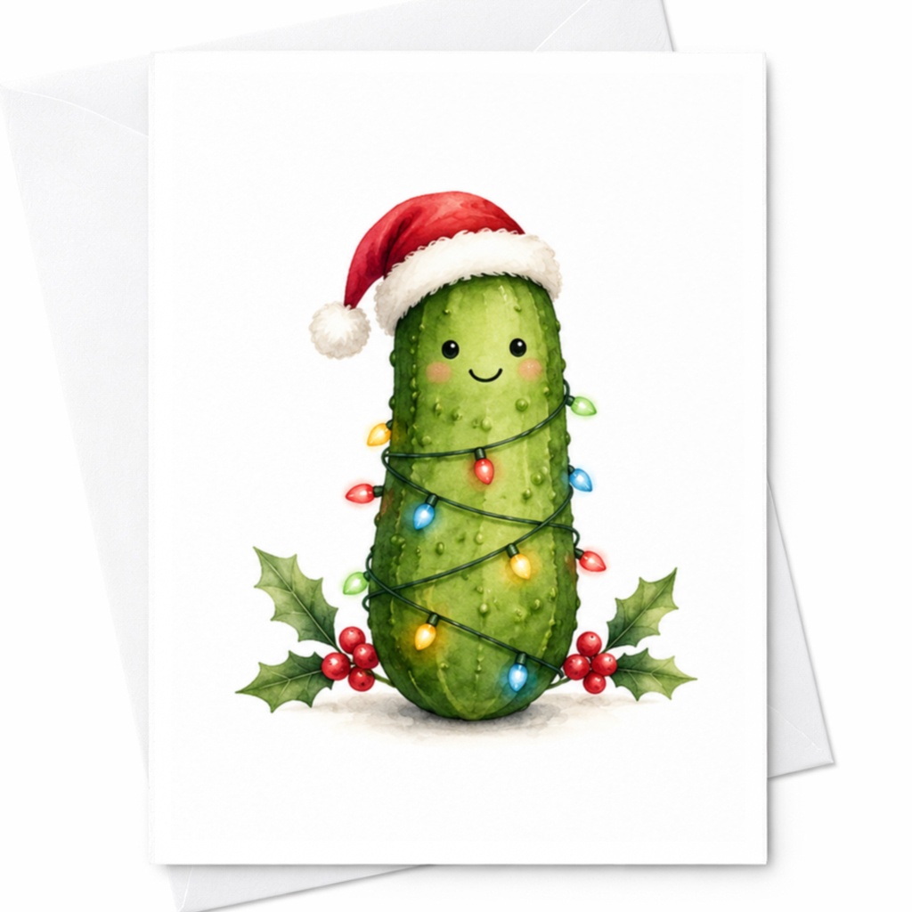 Cute Pickle Christmas Card Funny Holiday Greeting Card With Santa Hat Lights For Friend Family Cute Festive Card C4865