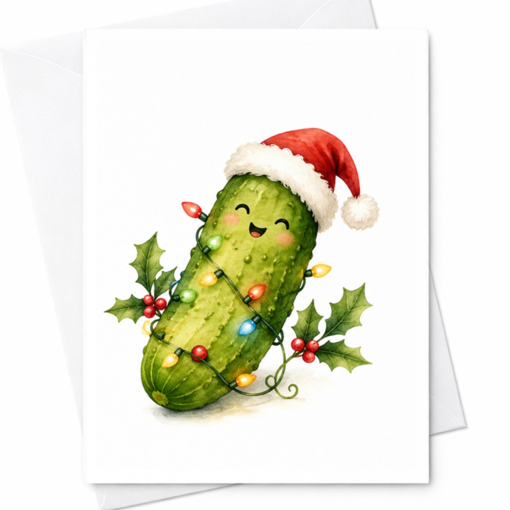 Cute Pickle Christmas Card Funny Holiday Greeting Card With Santa Hat And Lights For Friends Family Festive Season C4866
