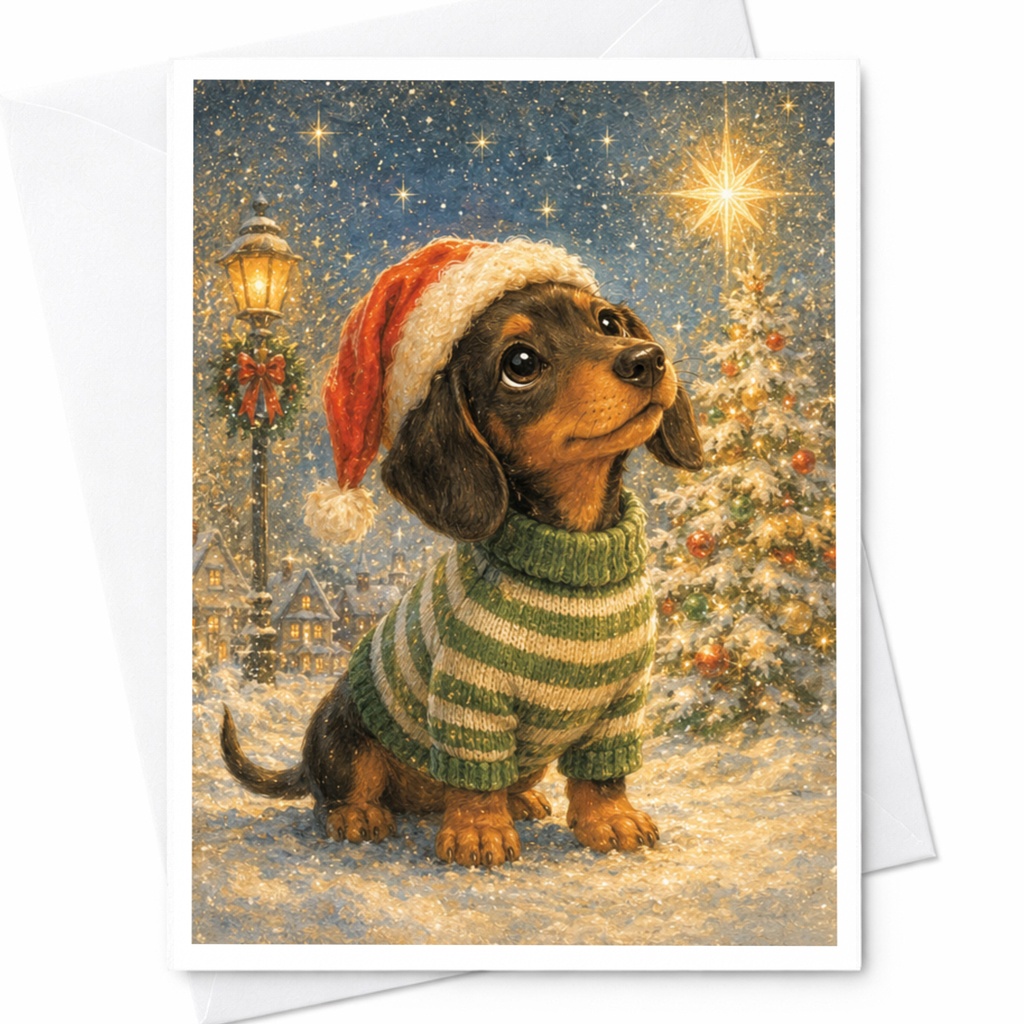 Dachshund In Santa Hat Christmas Card Cute Holiday Greeting Card For Dog Lovers Festive Winter Scene With Christmas Tree C4894