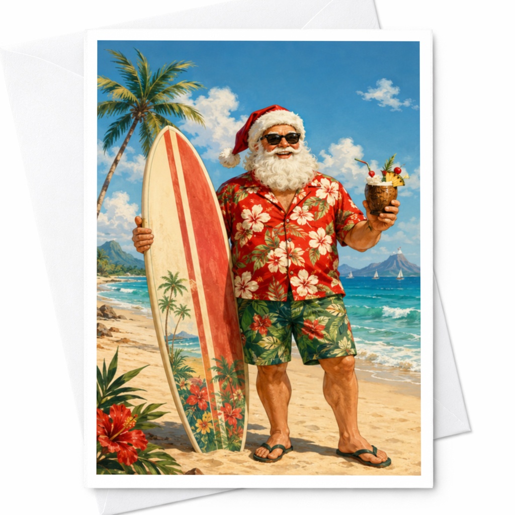 Santa Beach Christmas Card Tropical Holiday Greeting Card Fun Surfing Santa Claus Card For Him Summer Christmas Card C4901