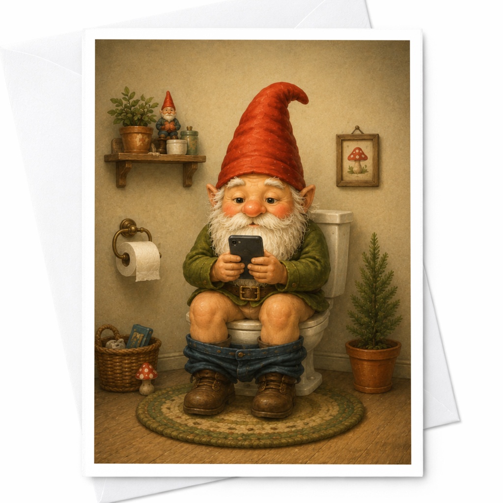 Gnome On Toilet Funny Greeting Card Christmas Card For Him Cute Holiday Card For Friend Unique Gag Gift Idea C4903