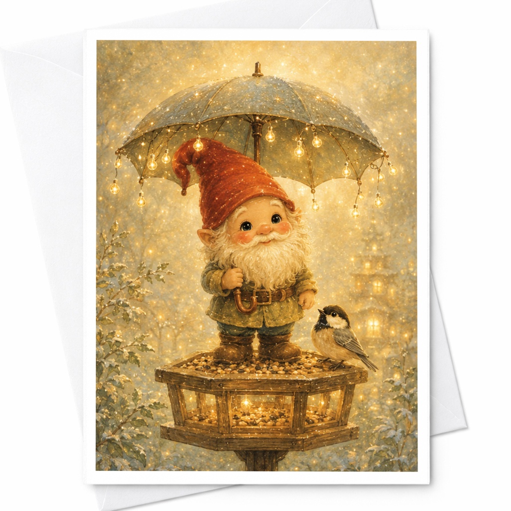 Gnome With Umbrella Christmas Card Cute Holiday Greeting Card For Friend Winter Scene With Bird Whimsical Art C4905