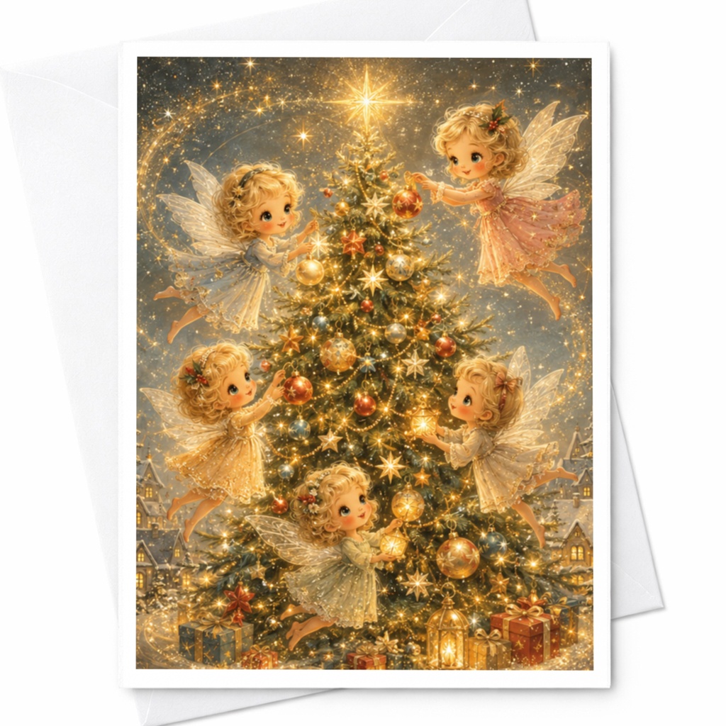 Fairy Christmas Card Enchanting Holiday Greeting Card Cute Fairies Decorating Tree Magical Christmas Card For Kids Family C4908
