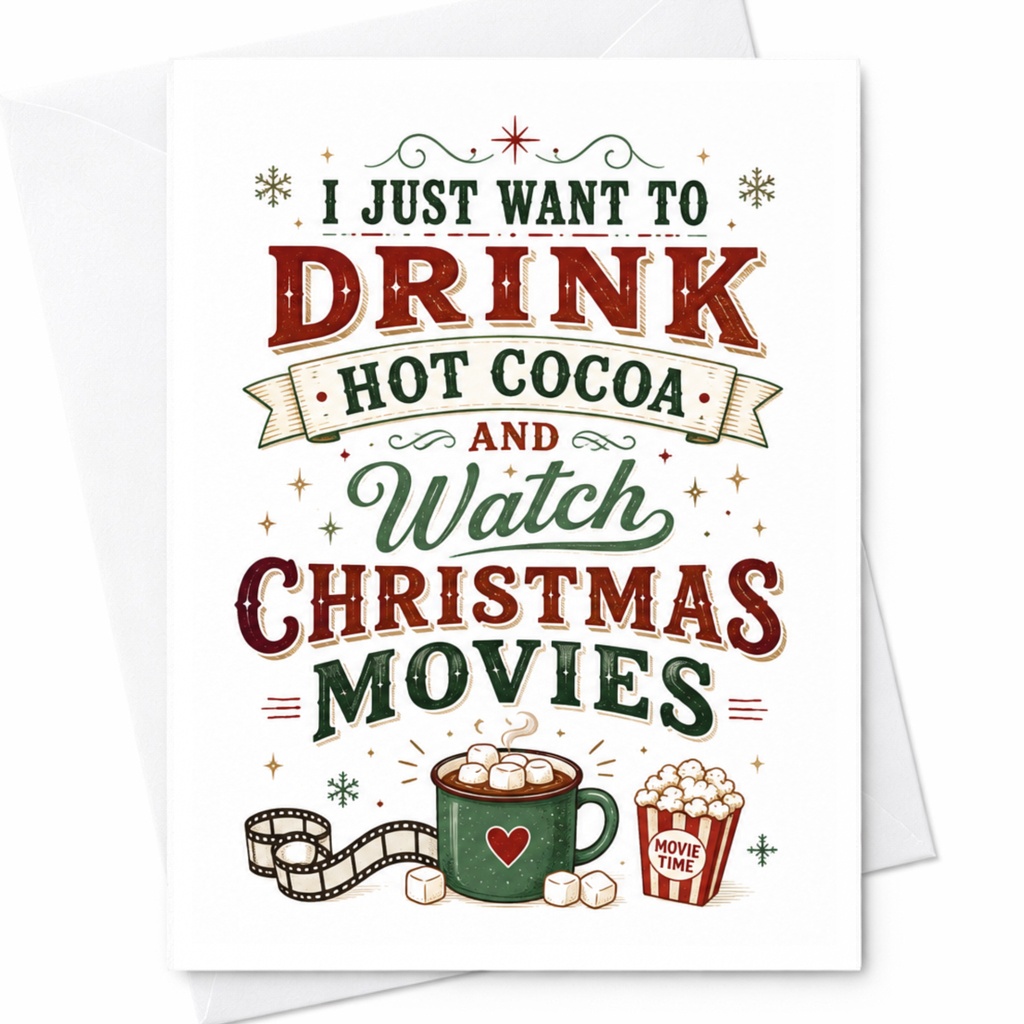 I Just Want To Drink Hot Cocoa And Watch Christmas Movies Funny Christmas Card Holiday Greeting Card For Movie Lover Cozy Winter C4876