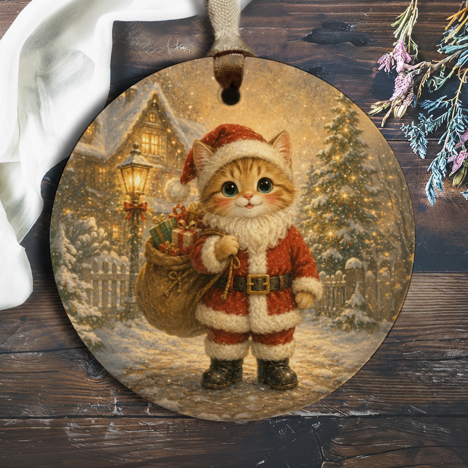 Santa Cat Christmas Ornament Cute Holiday Decor Festive Kitten With Gifts Winter Wonderland Scene For Cat Lovers O821