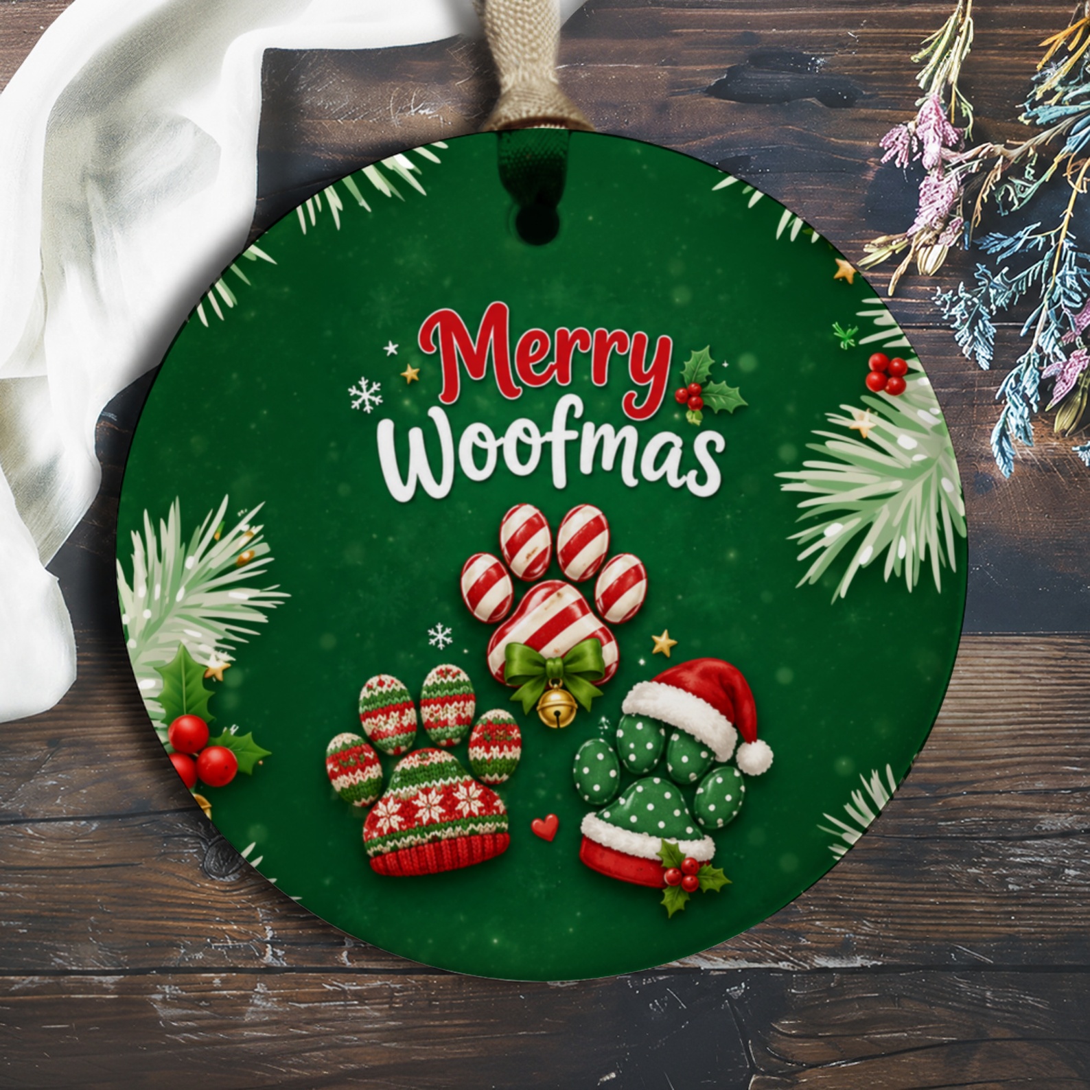 Merry Woofmas Christmas Ornament Festive Dog Paw Prints Holiday Decor Pet Lover Gift Cute Xmas Decoration O825