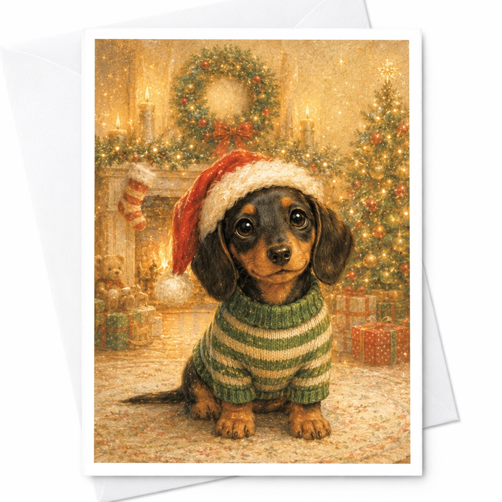 Dachshund In Santa Hat Christmas Card Cute Holiday Greeting Card For Dog Lover Festive Puppy Card Cozy Winter Scene C4893