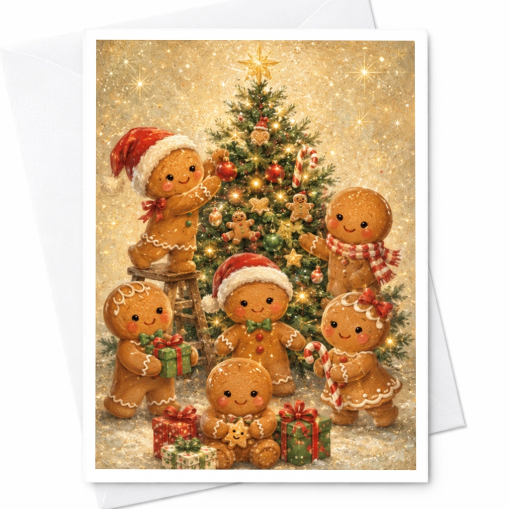 Gingerbread Family Christmas Card Cute Holiday Greeting Card For Kids Festive Xmas Card With Tree And Gifts Adorable C4899