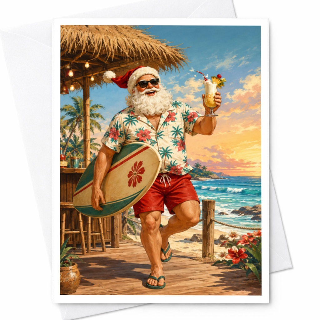 Santa Beach Christmas Card Tropical Holiday Greeting Card Fun Surfing Santa Claus Card For Him Summer Christmas Card C4902