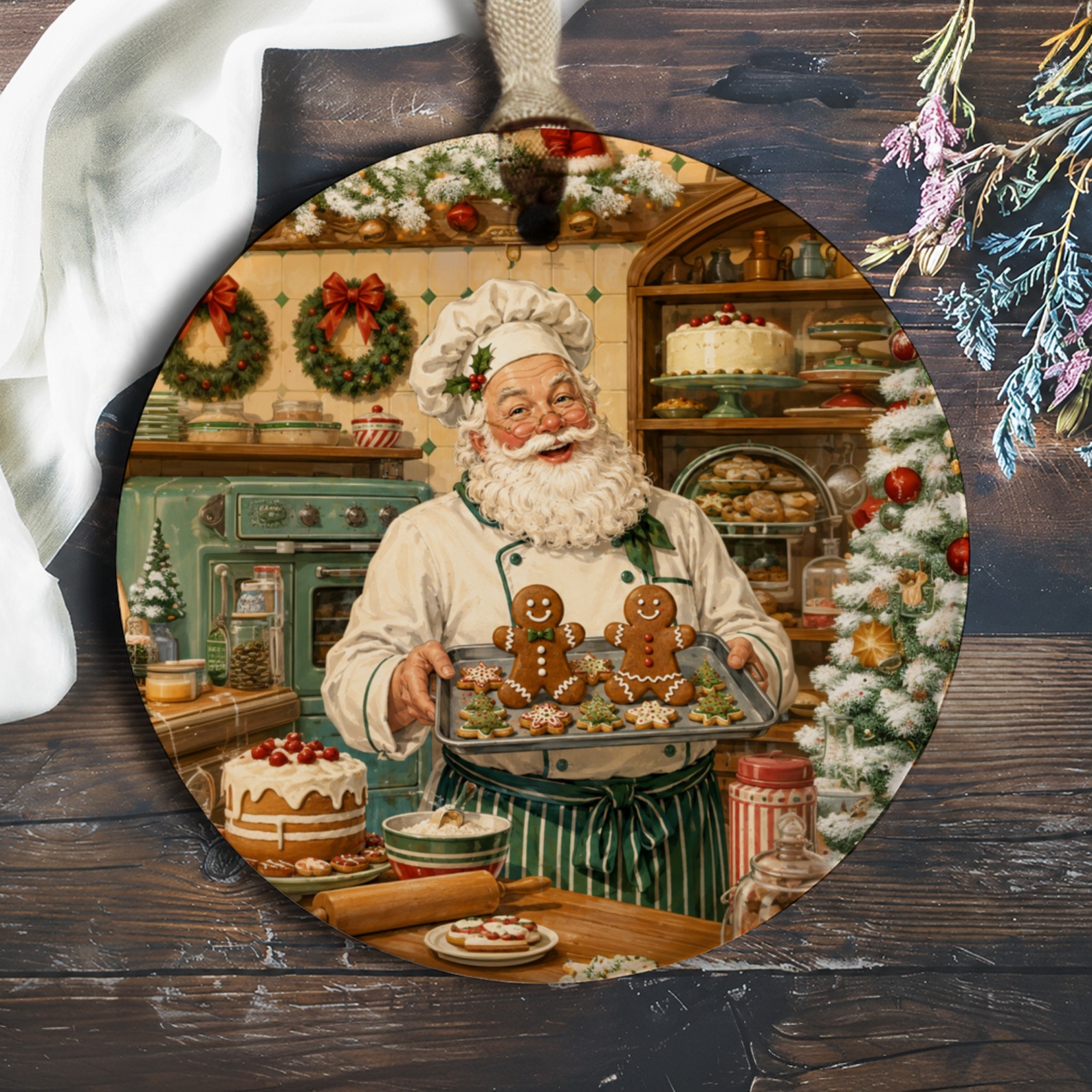 Santa Baking Ornament Christmas Kitchen Decor Gingerbread Cookies Holiday Tree Decoration Festive Santa Claus Ornament O844