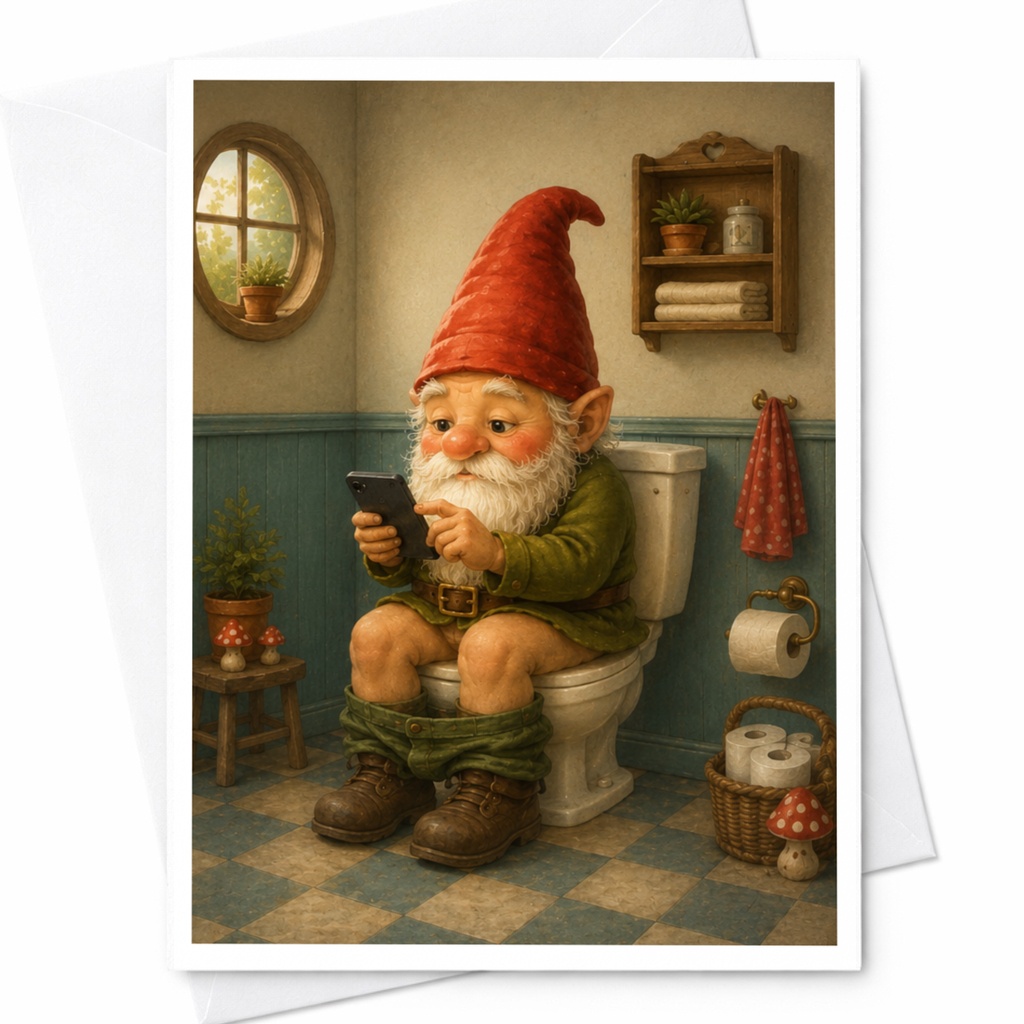 Funny Gnome Bathroom Card Greeting Card For Him Cute Gnome On Toilet With Phone Everyday Card For Friend Or Dad C4904