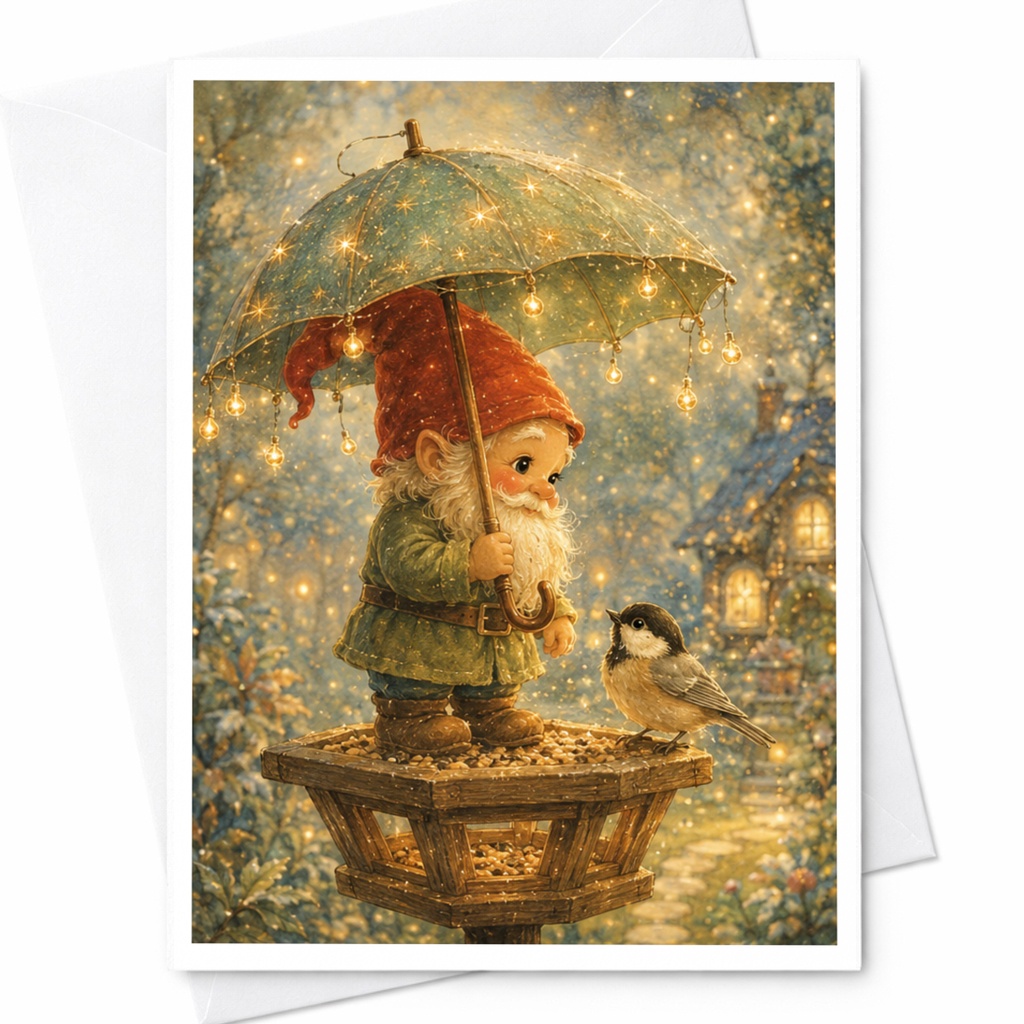 Gnome With Umbrella Christmas Card Cute Holiday Greeting Card For Friend Winter Scene With Bird Whimsical Festive Card C4906