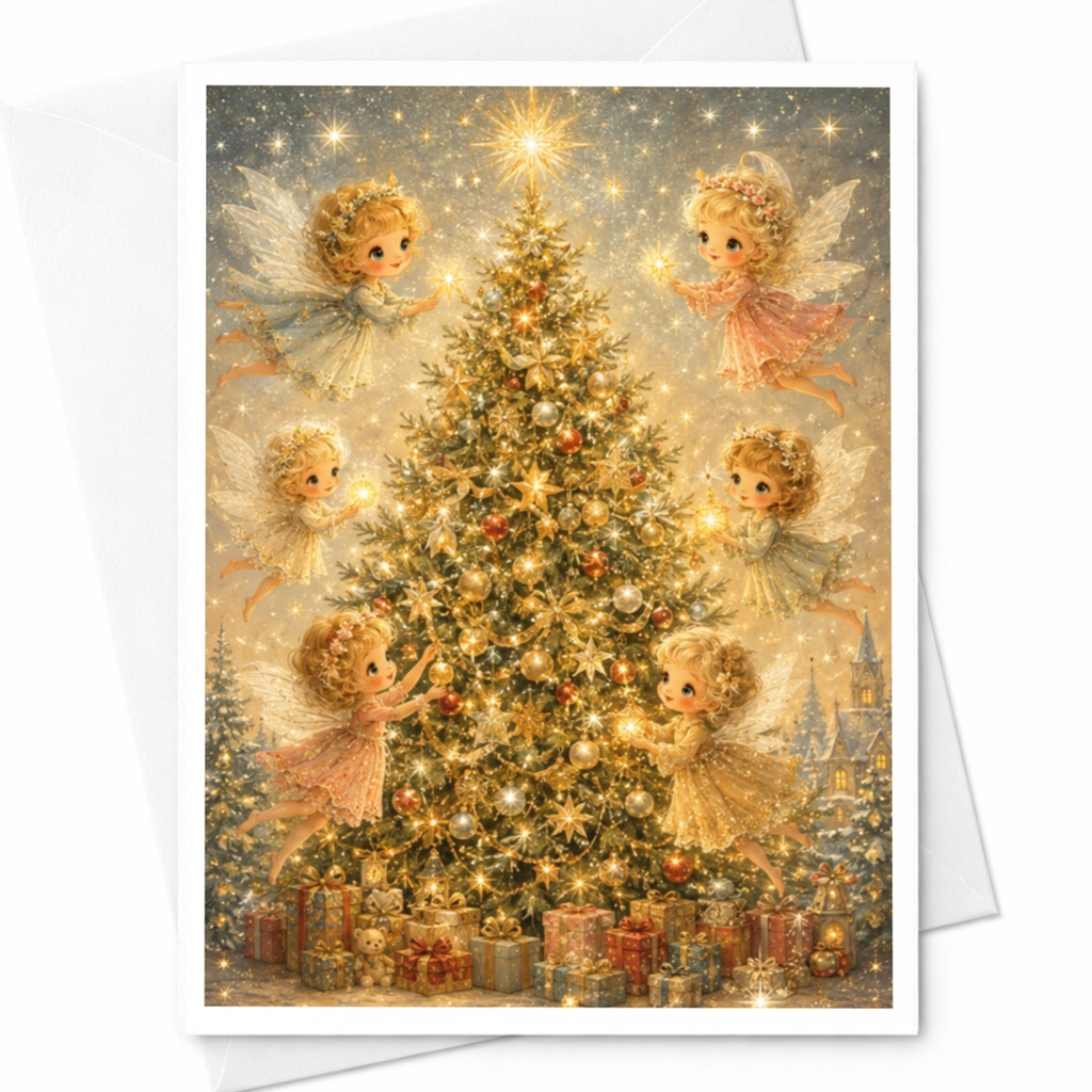 Christmas Tree With Fairies Card Magical Holiday Greeting Card For Kids Cute Christmas Card Whimsical Fairy Art C4907