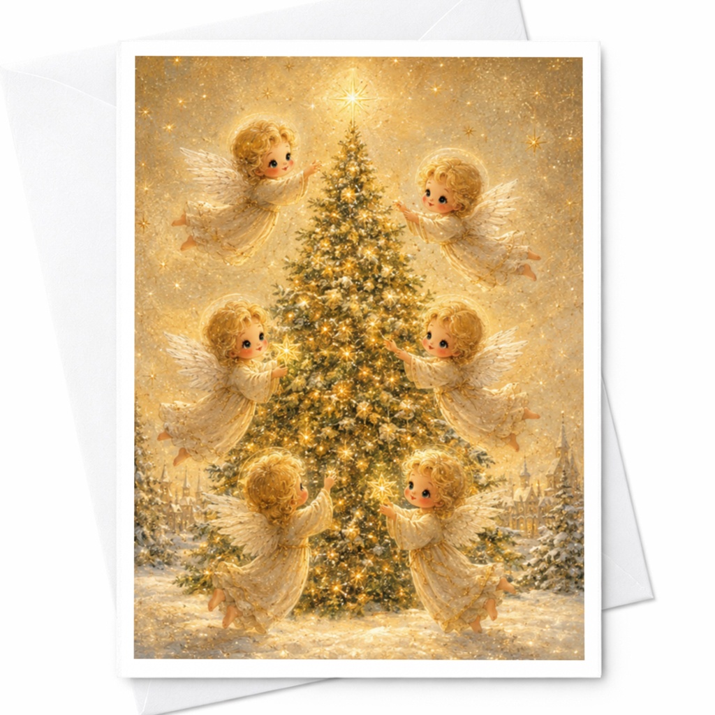 Angels Decorating Christmas Tree Card Holiday Greeting Card Cute Angelic Scene For Christmas Cheer Winter Wonderland Card C4909
