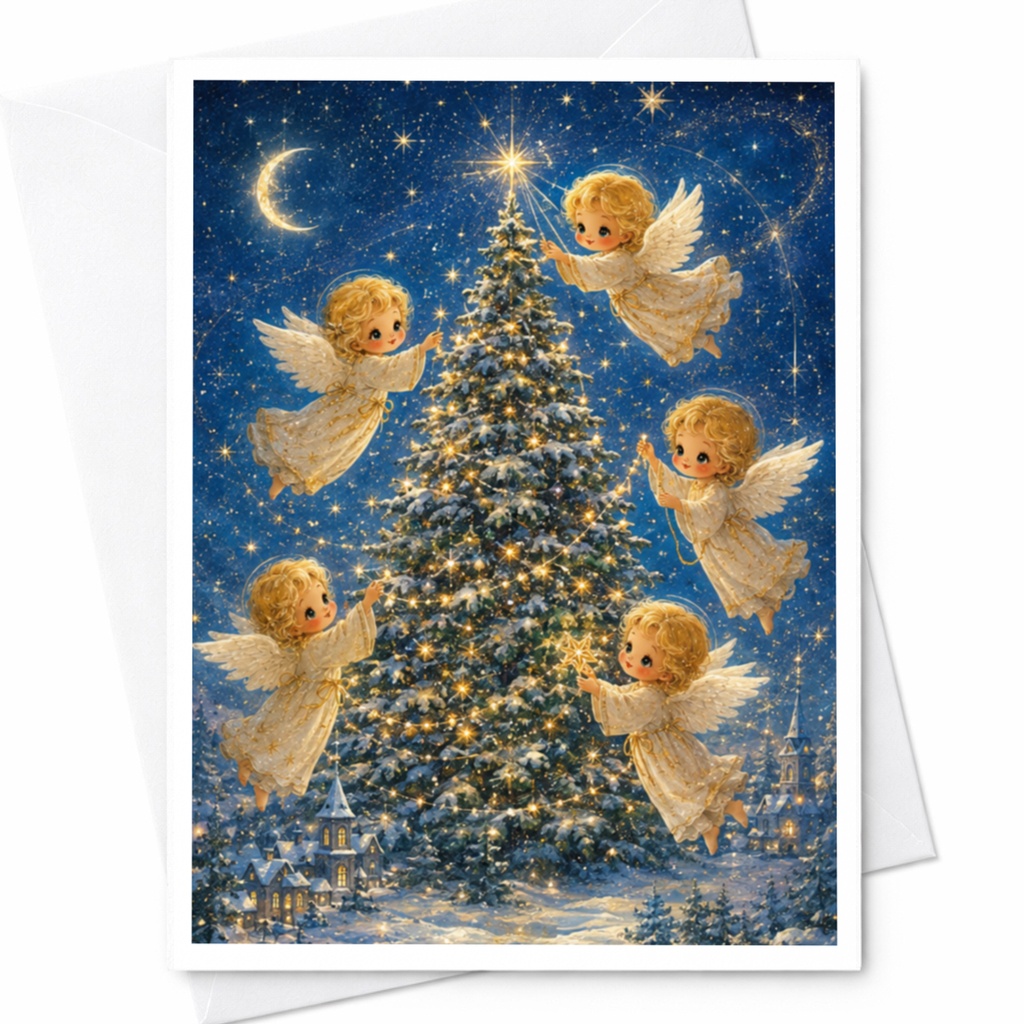Angels Decorating Christmas Tree Card Cute Holiday Greeting Card For Family Festive Winter Scene Christmas Card C4910