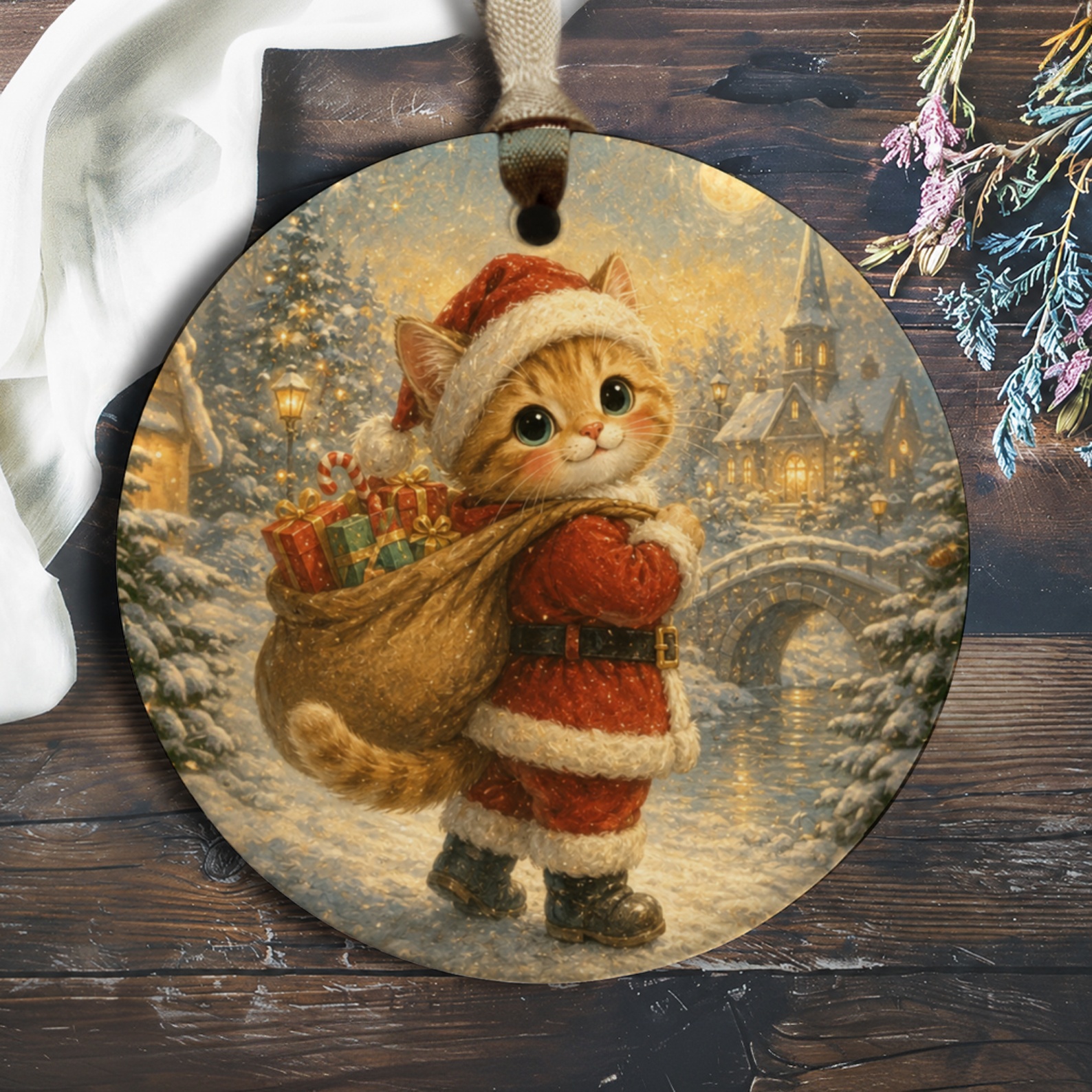 Santa Cat Christmas Ornament Cute Holiday Decor Festive Kitten With Gifts Winter Scene For Cat Lovers Adorable Xmas Decoration O822