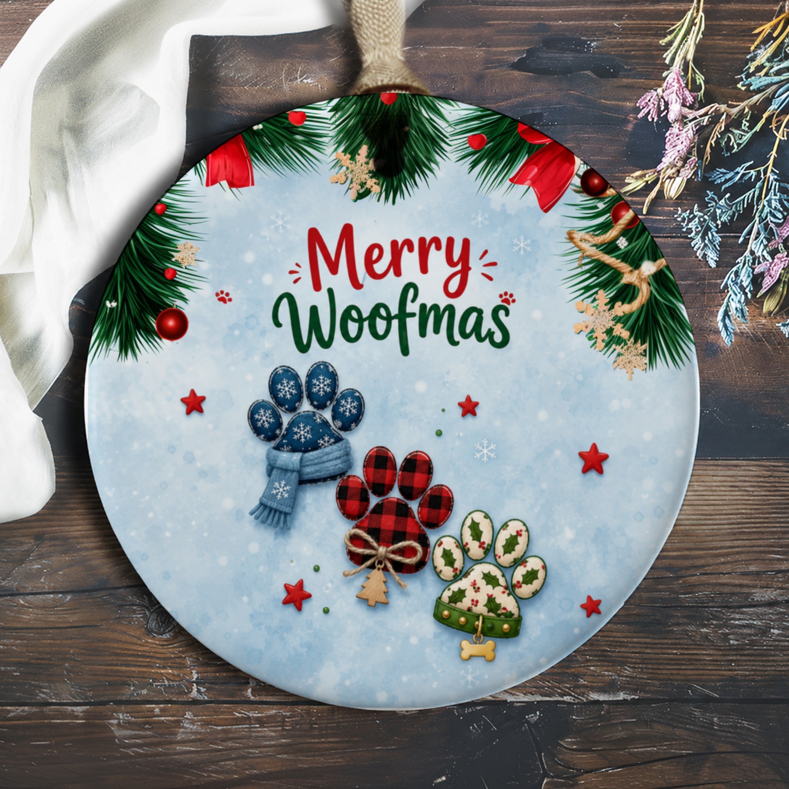 Merry Woofmas Dog Christmas Ornament Cute Holiday Decor Pet Lover Gift Festive Paw Print Decoration For Dog Owners O826