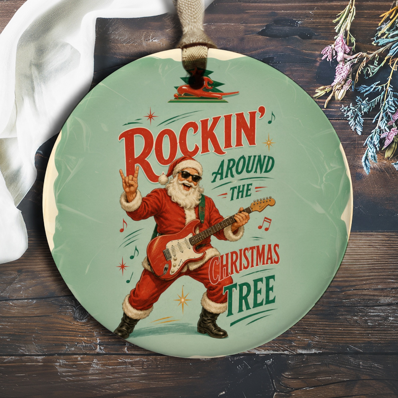 Rockin' Around The Christmas Tree Santa Ornament Christmas Decor Holiday Tree Decoration Festive Music Lover Gift O838