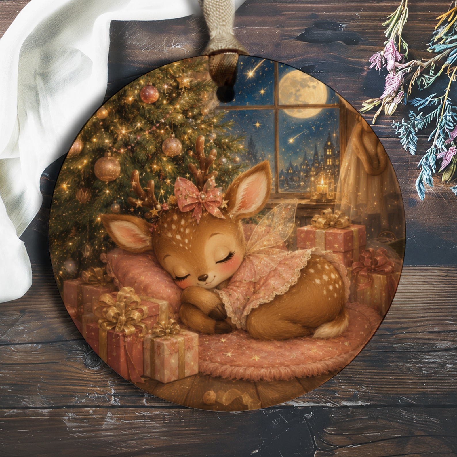 Cute Sleeping Deer Christmas Ornament Holiday Decor Festive Tree Decoration Adorable Animal Ornament Gift For Her O841