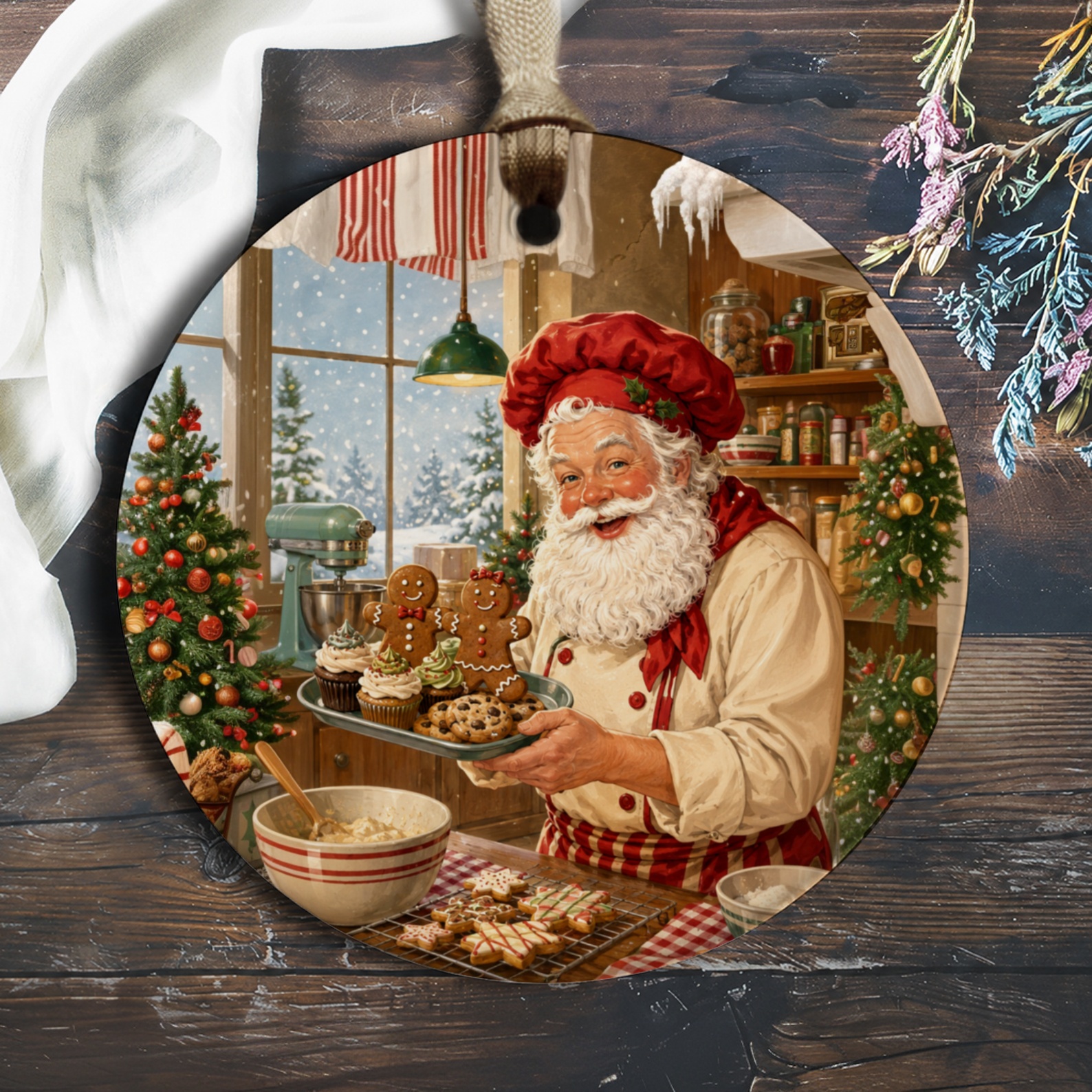 Santa Baking Cookies Ornament Christmas Decor Holiday Kitchen Decoration Vintage Style Festive Tree Ornament O845