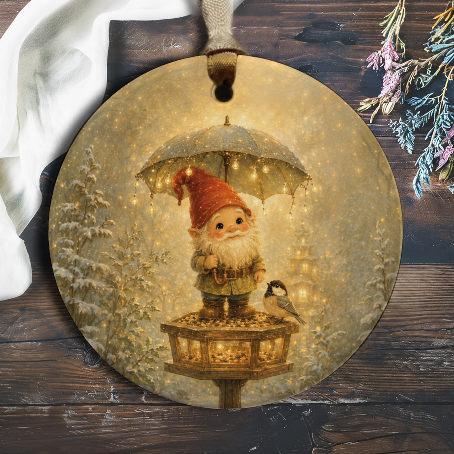 Gnome Christmas Ornament Cute Winter Scene With Umbrella And Bird Holiday Decor For Tree Festive Home Decoration O887