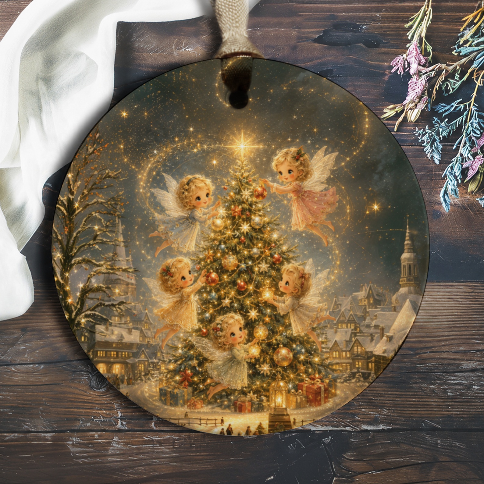 Angels Decorating Christmas Tree Ornament Holiday Decor Cute Fairy Scene Winter Wonderland Christmas Ornament Gift O890