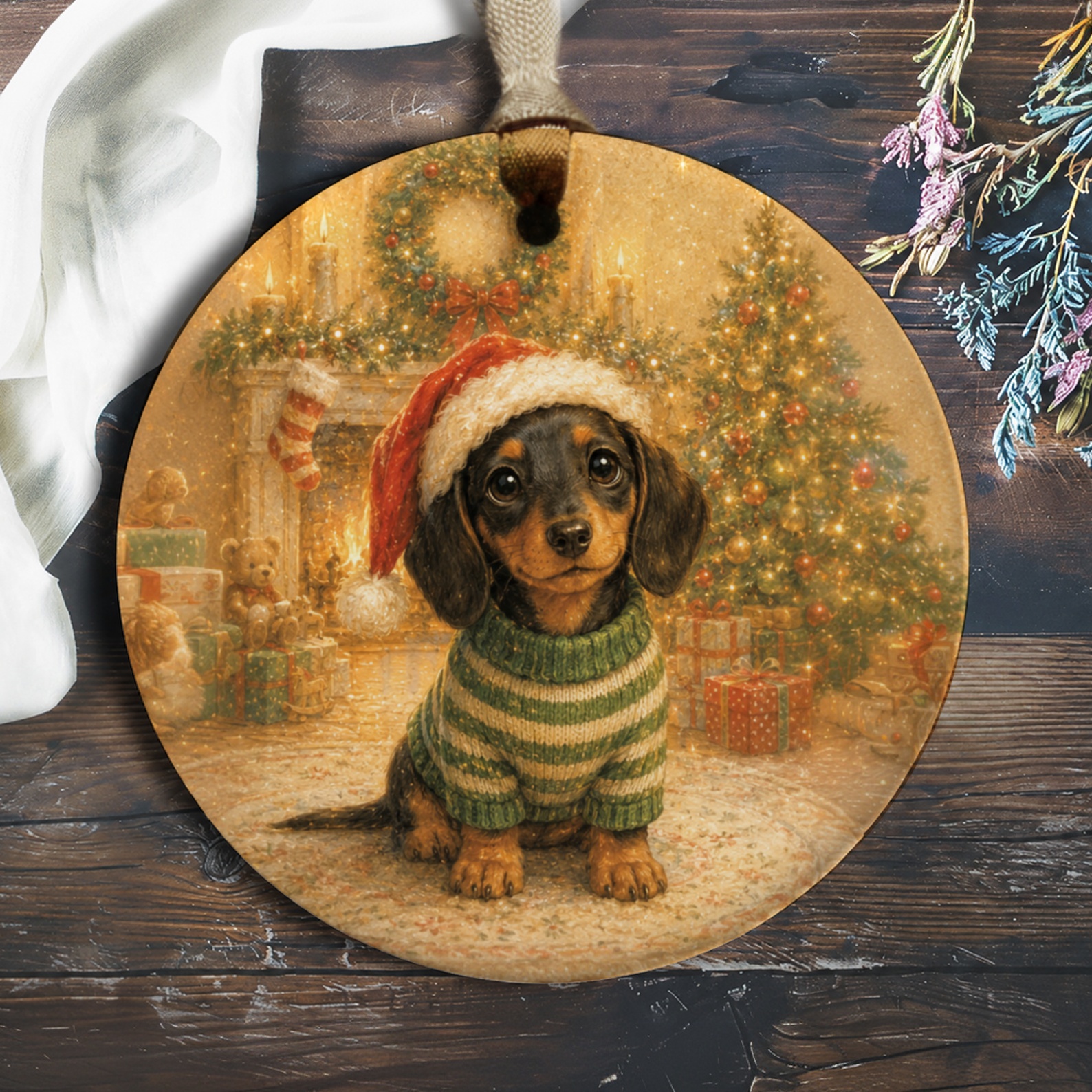 Dachshund In Santa Hat Christmas Ornament Cute Holiday Decor Dog Lover Gift Festive Tree Decoration Cozy Winter Scene O876