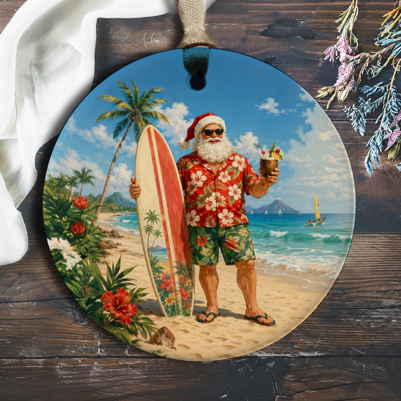 Tropical Santa Ornament Beach Surfboard Christmas Decor Holiday Coastal Theme Summer Vibes Festive Decoration O883