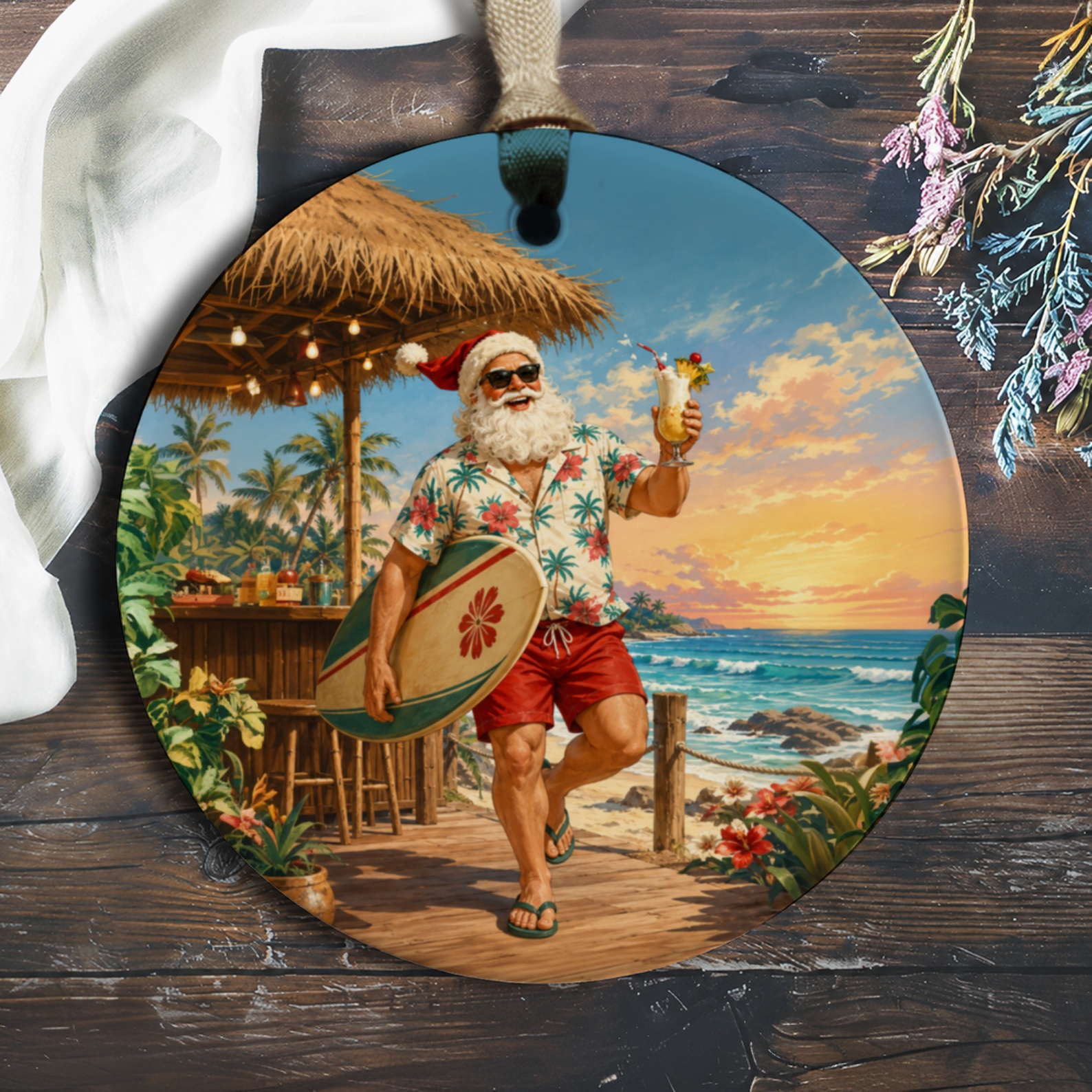 Tropical Santa Beach Ornament Christmas Decor Surfing Santa Holiday Ornament Coastal Christmas Decoration O884