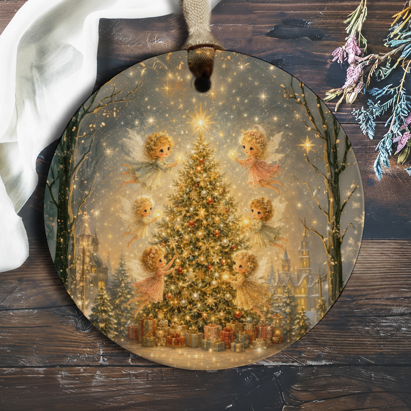 Angels Decorating Christmas Tree Ornament Holiday Decor Cute Fairy Scene Winter Wonderland Christmas Gift O889
