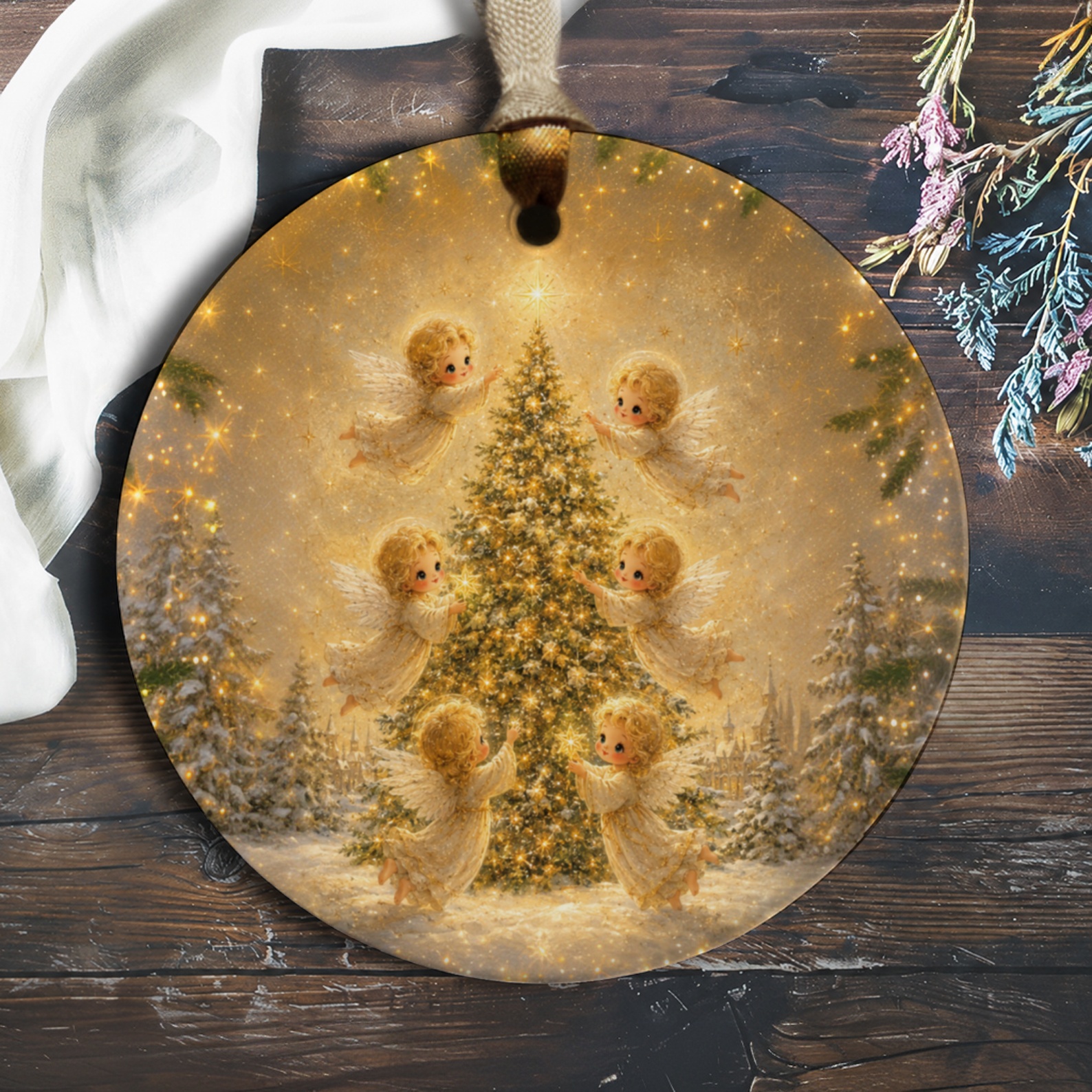 Angels Decorating Christmas Tree Ornament Holiday Decor Cute Angelic Scene Winter Wonderland Christmas Decoration O892