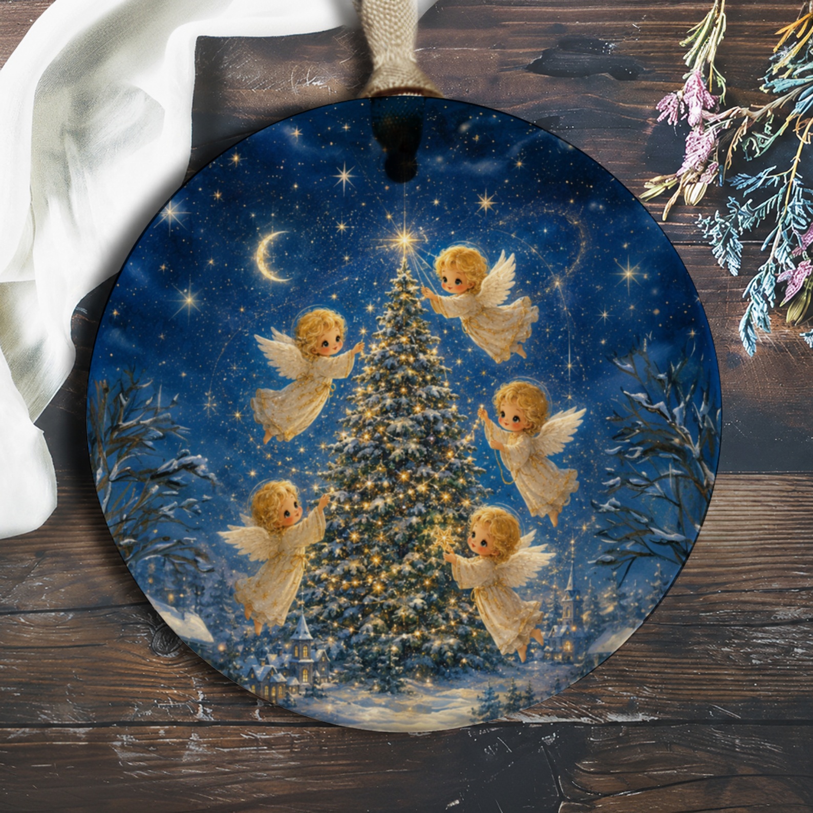 Angels Decorating Christmas Tree Ornament Holiday Decor Angelic Scene Winter Wonderland Christmas Decoration Gift O893