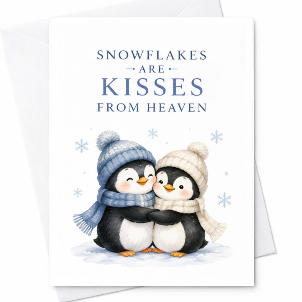Snowflakes Are Kisses From Heaven Christmas Card Cute Penguins Winter Holiday Card For Family Friends Adorable Greeting Card C4911