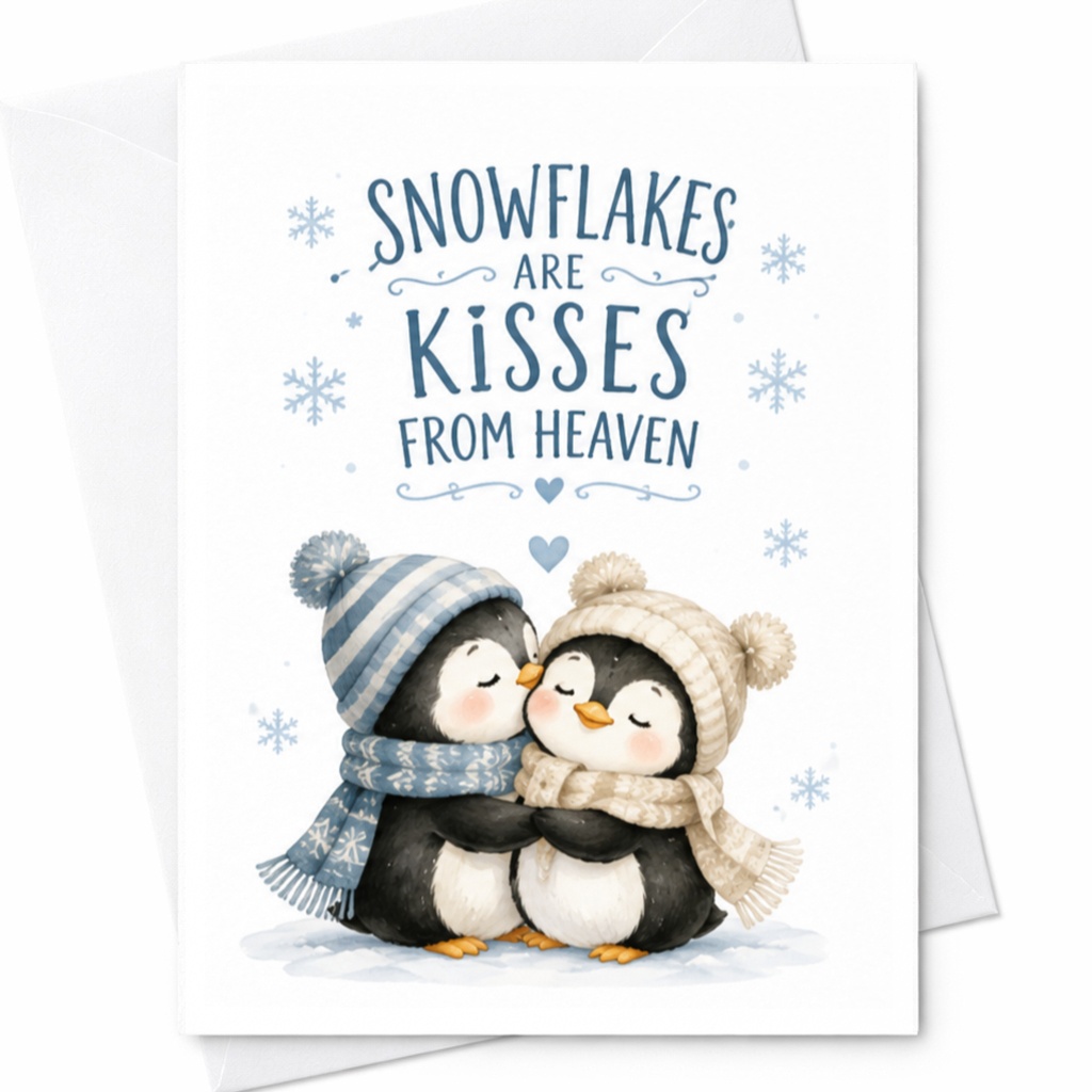 Snowflakes Are Kisses From Heaven Christmas Card Cute Penguins Winter Holiday Card For Family Friends Adorable Seasonal Greeting C4912