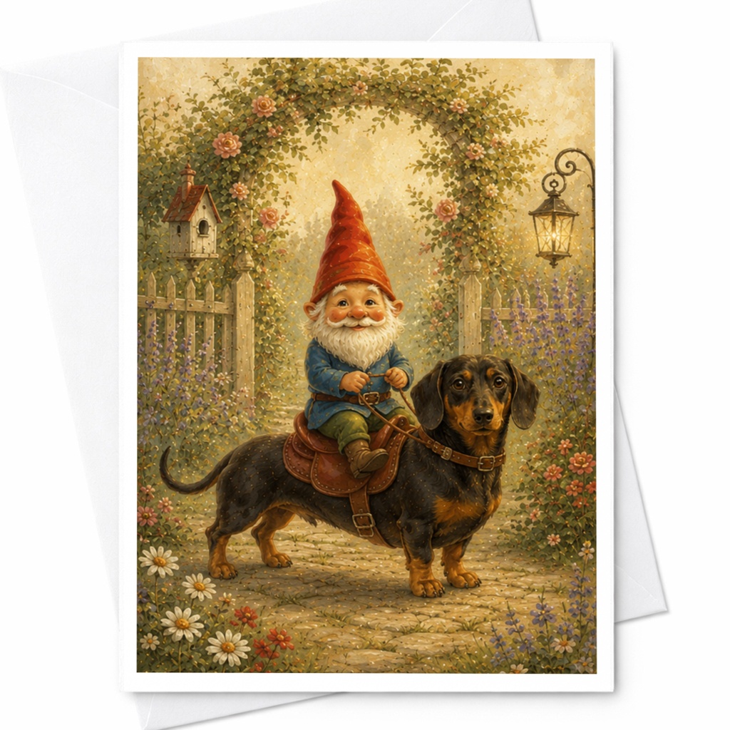 Gnome Riding Dachshund Blank Greeting Card Cute Garden Scene For Dog Lover Whimsical Everyday Card Fantasy Art C4913
